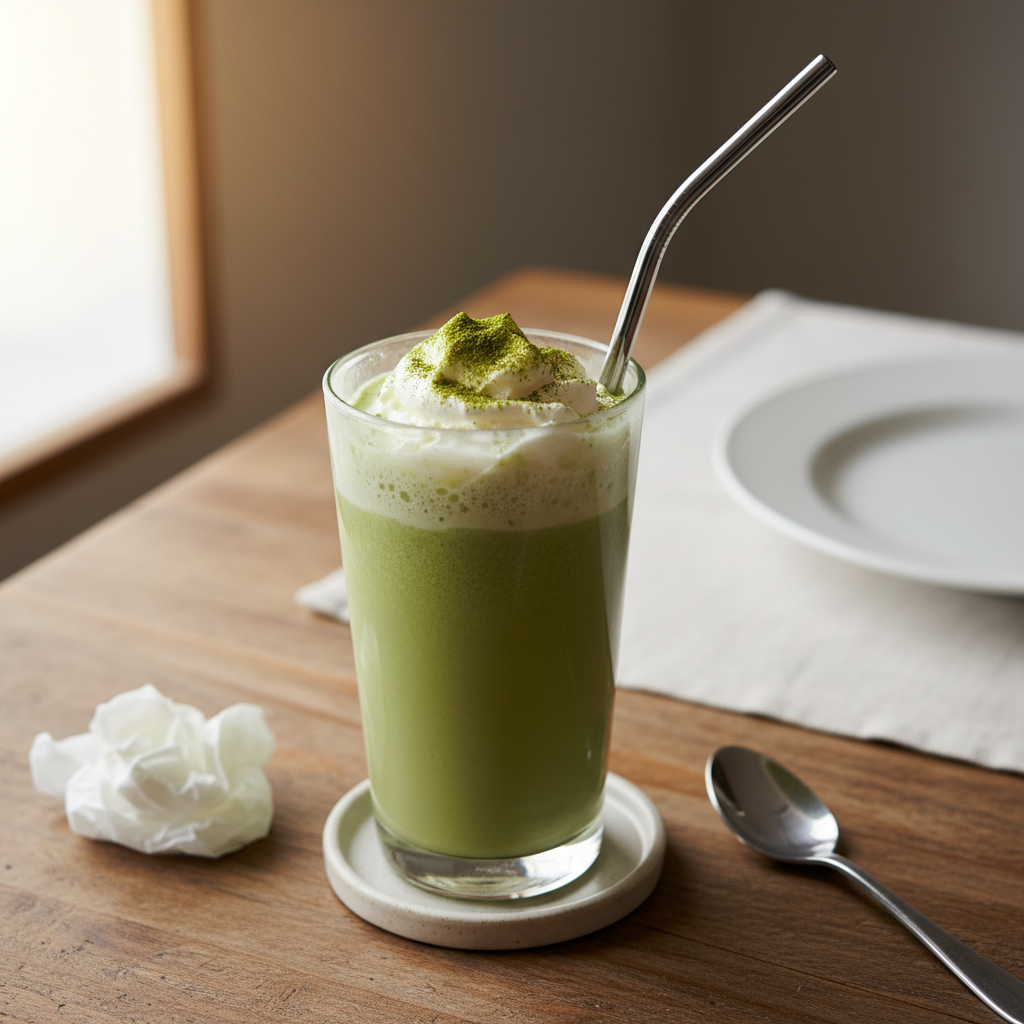 Enjoying a finished matcha milkshake with whipped cream topping