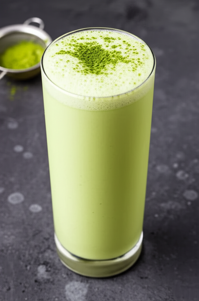 Matcha milkshake in a glass with green color