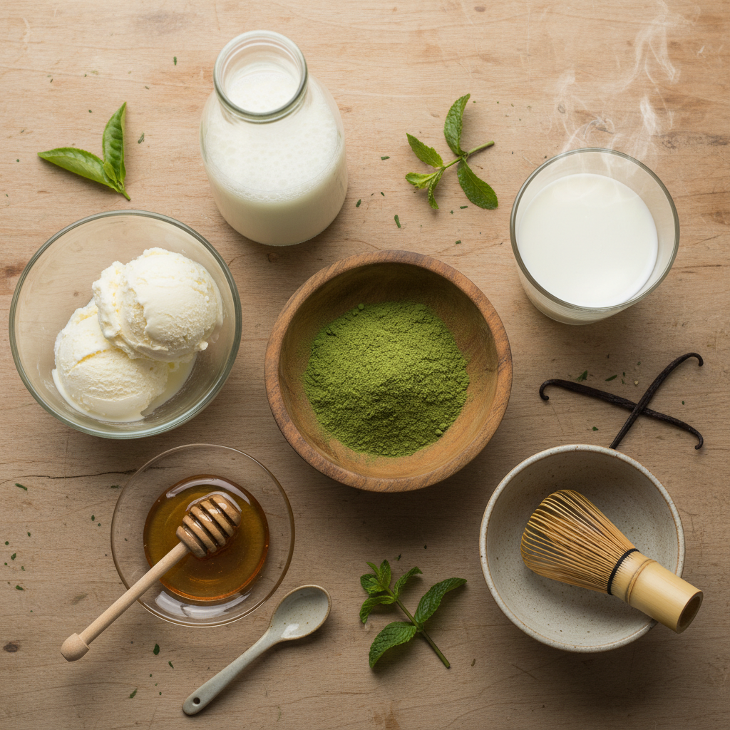 Ingredients for matcha milkshake