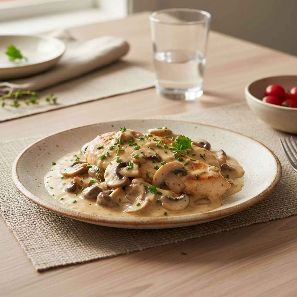 Finished creamy mushroom chicken ready to serve