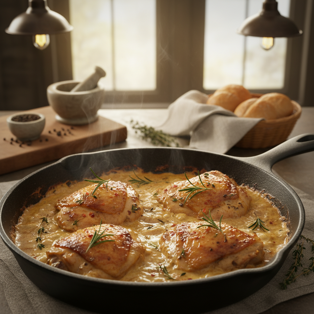 Creamy Oven Baked Chicken Thighs served on a plate