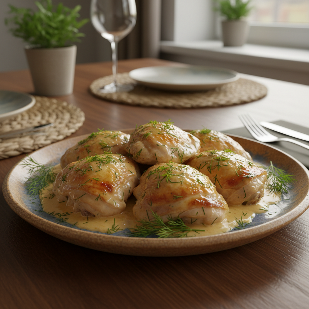Creamy oven baked chicken thighs served with mashed potatoes and vegetables