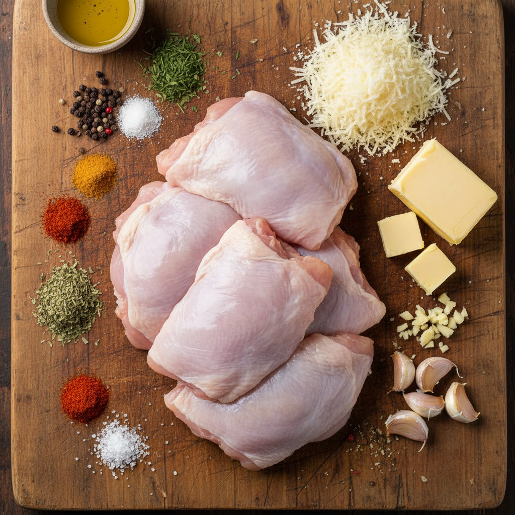 Tools and ingredients for creamy oven baked chicken thighs