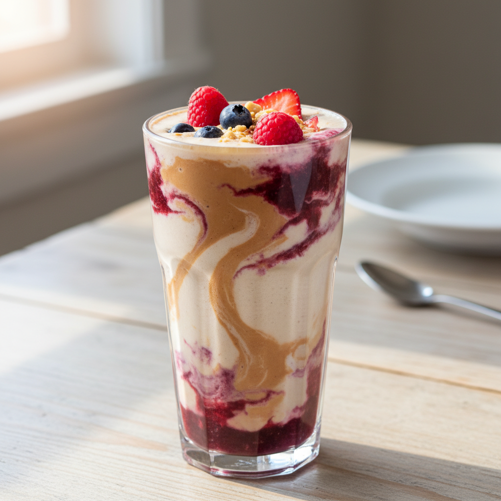 Creamy PB&J smoothie served with toppings