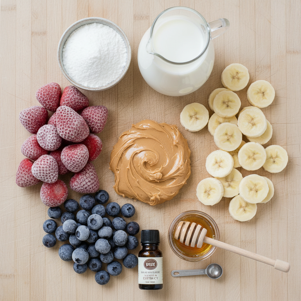 Ingredients for PB&J protein smoothie