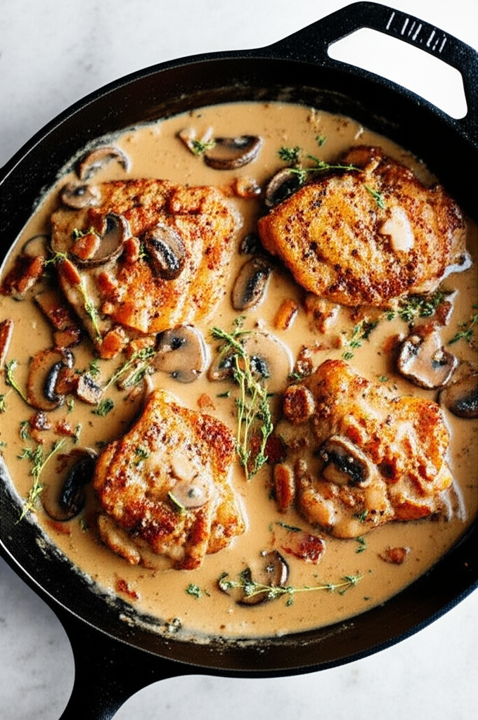 Chicken Thighs with Creamy Bacon Mushroom Thyme Sauce
