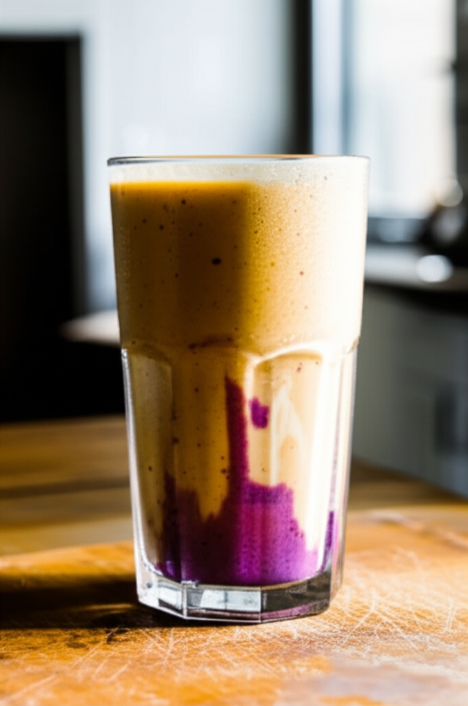 PB&J protein smoothie in glass with ingredients