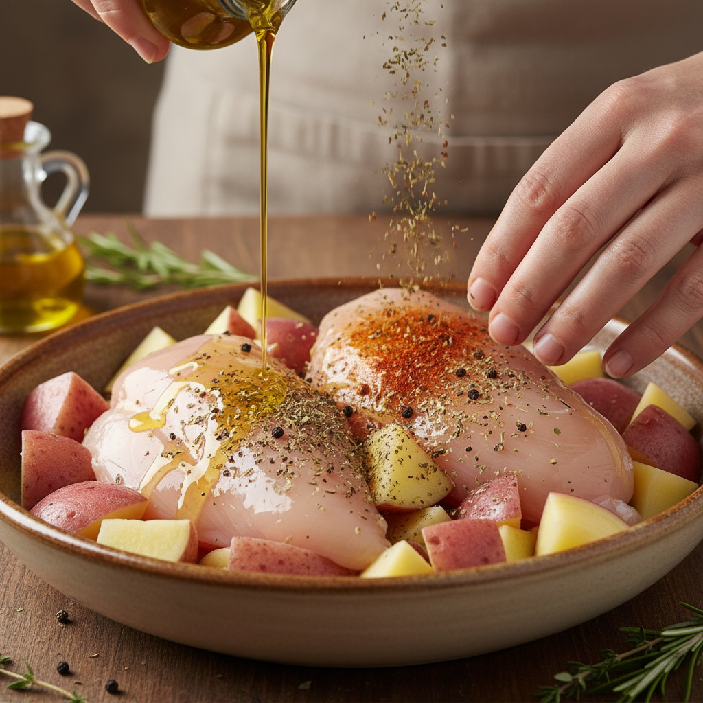 Searing the seasoned chicken in skillet