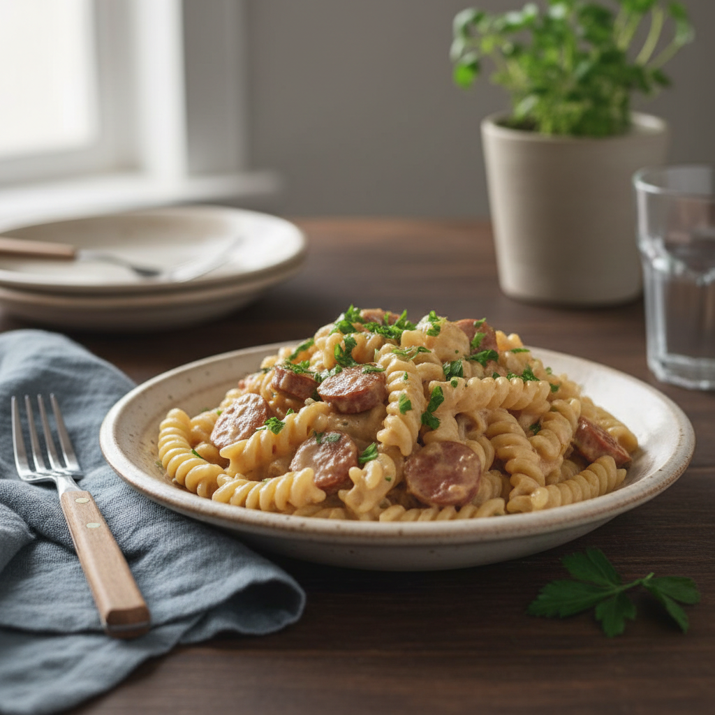 Serving Creamy Smoked Sausage Pasta garnished with parsley