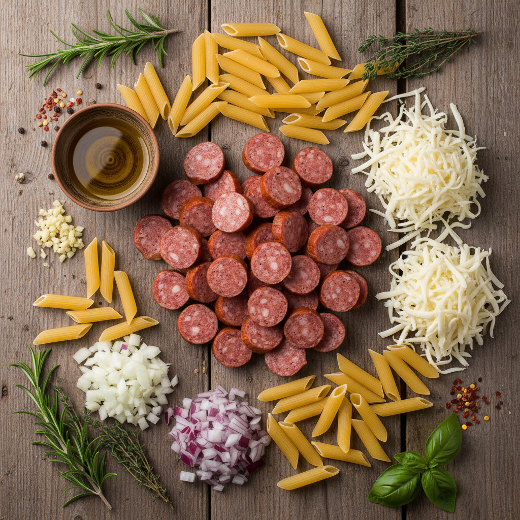 Ingredients laid out for Creamy Smoked Sausage Pasta