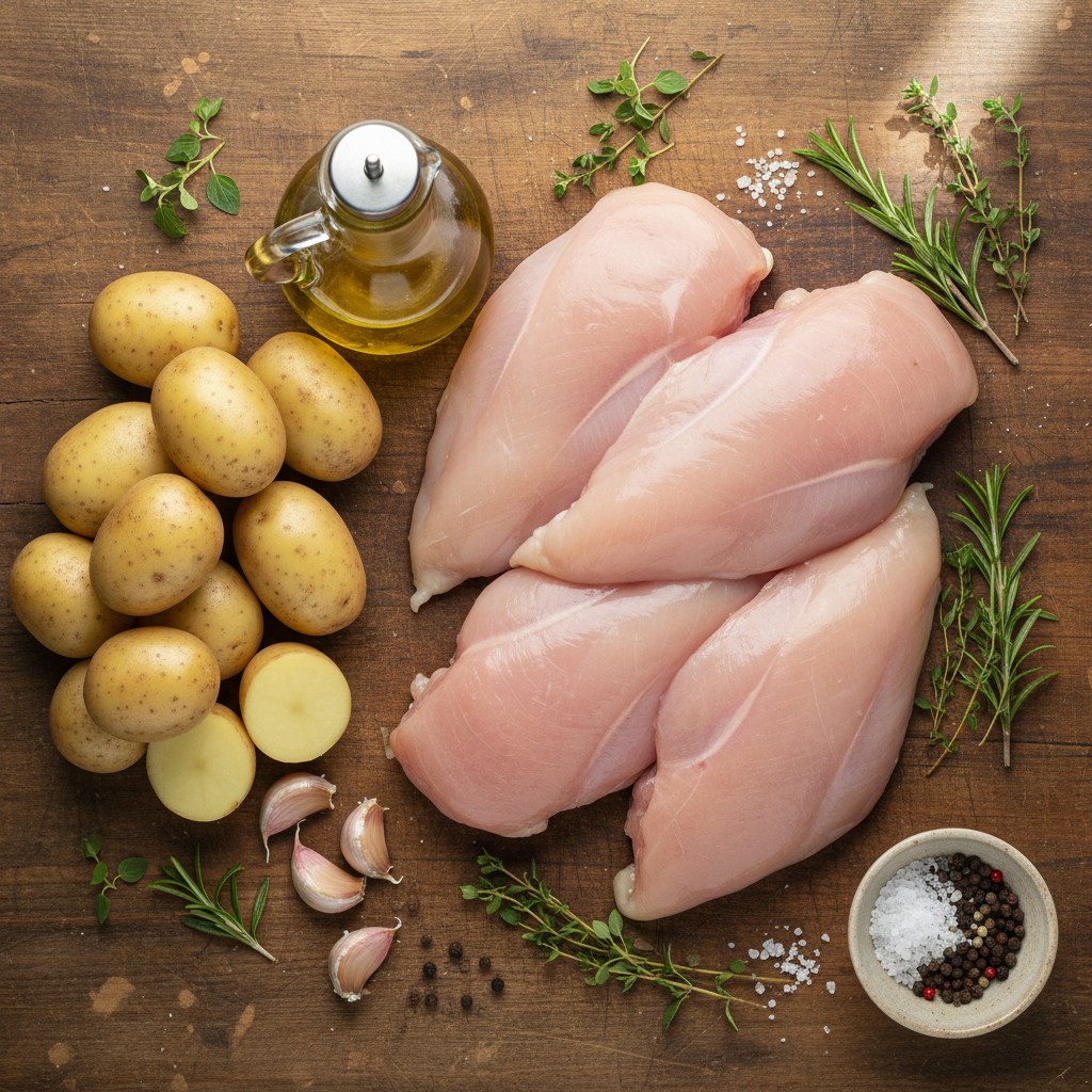 Ingredients for creamy smothered chicken and rice