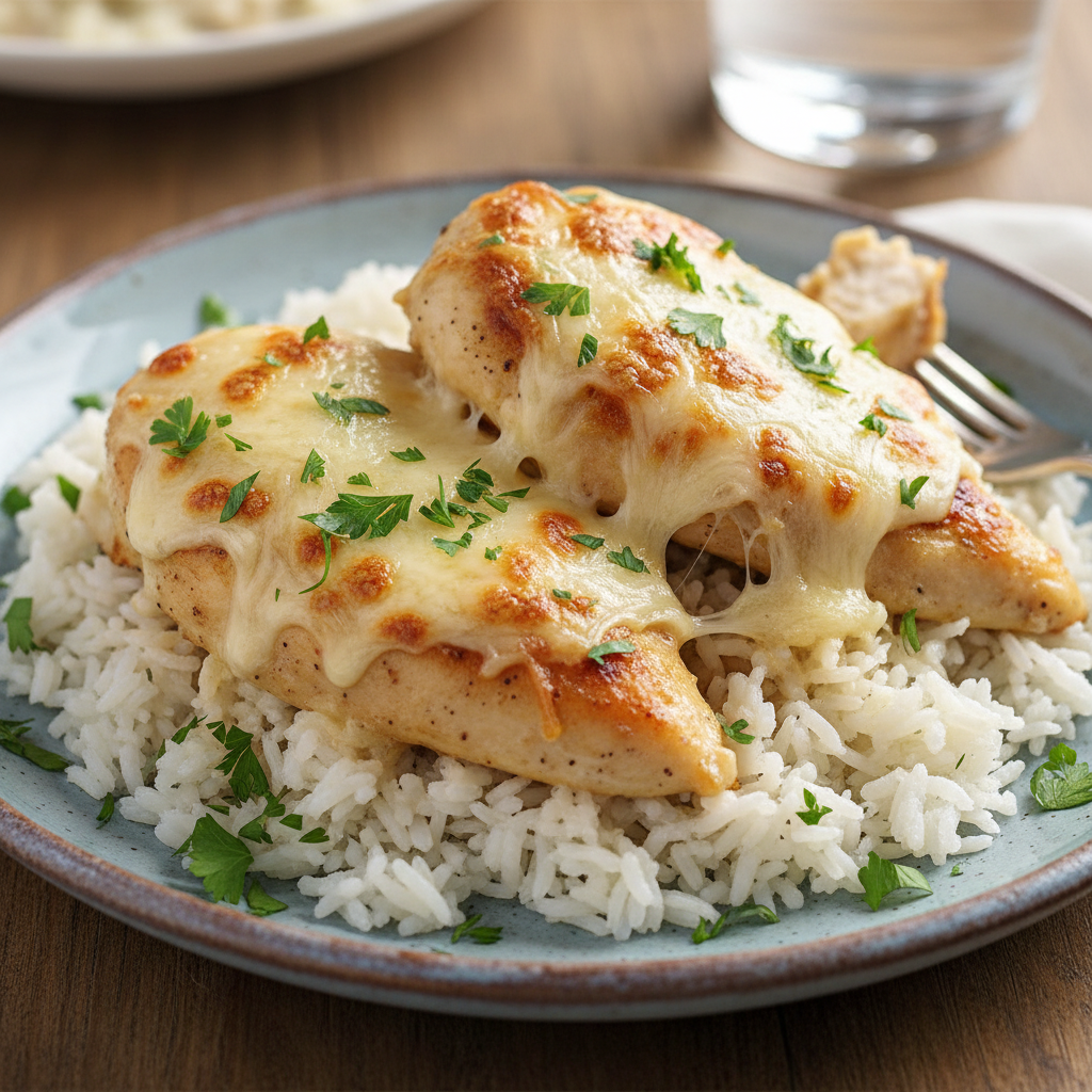 Final creamy smothered chicken plated with rice