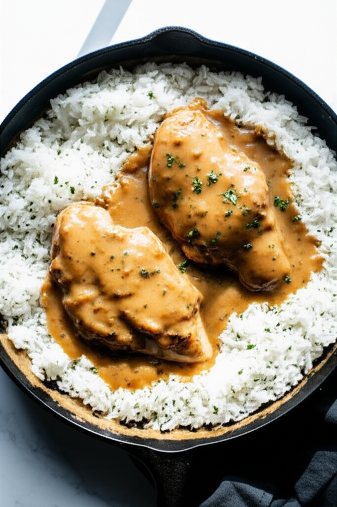 Creamy smothered chicken and rice serving