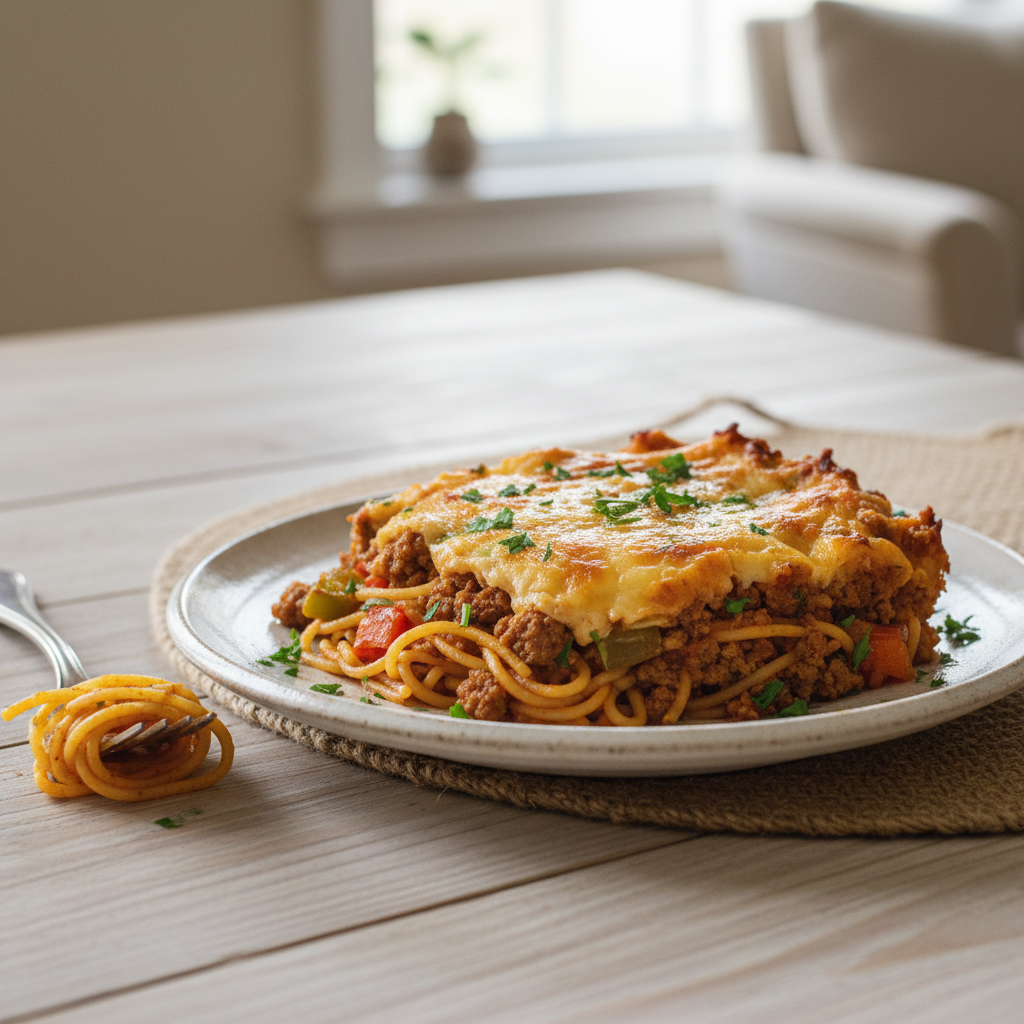 Mixing ingredients for Southern spaghetti bake