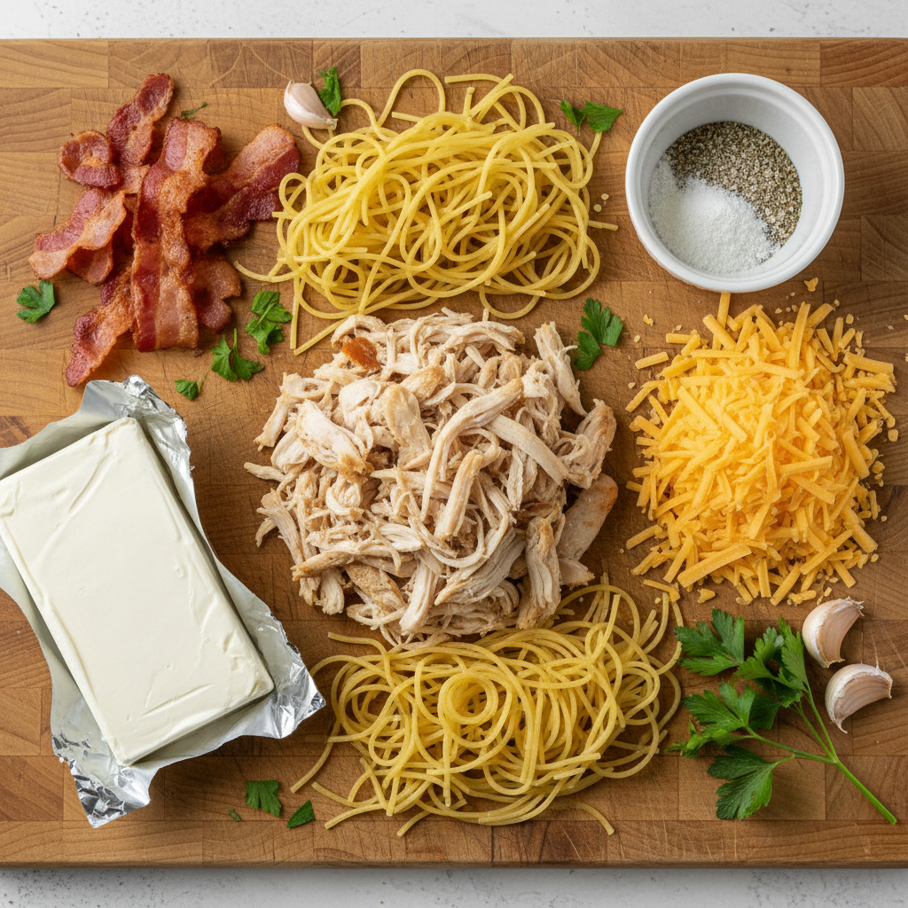 Ingredients of Southern spaghetti bake arranged in bowls