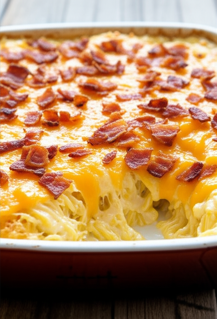 Creamy Southern Spaghetti Bake served in a warm dish