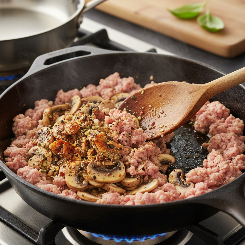 Cooking mushrooms and spices in skillet for stroganoff