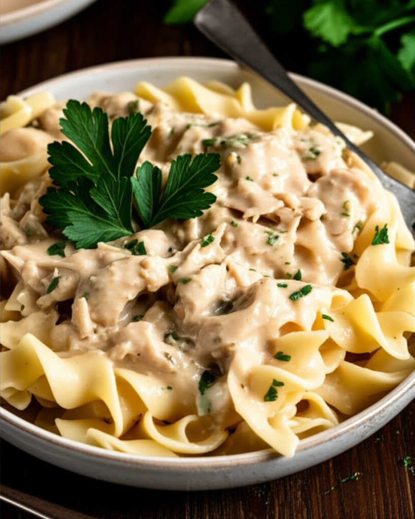 Creamy Turkey Stroganoff served in a bowl