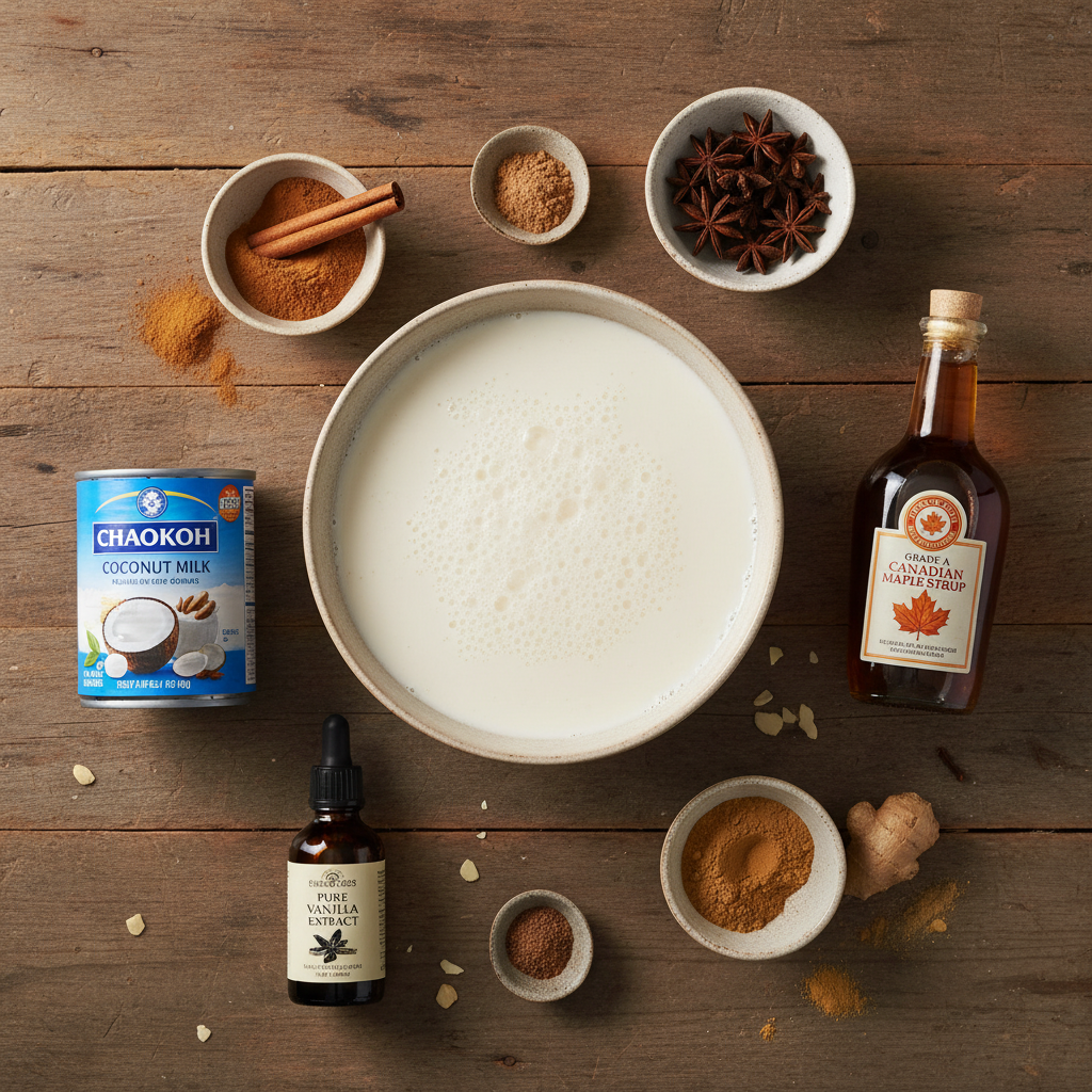 Ingredients for vegan almond eggnog arranged on table