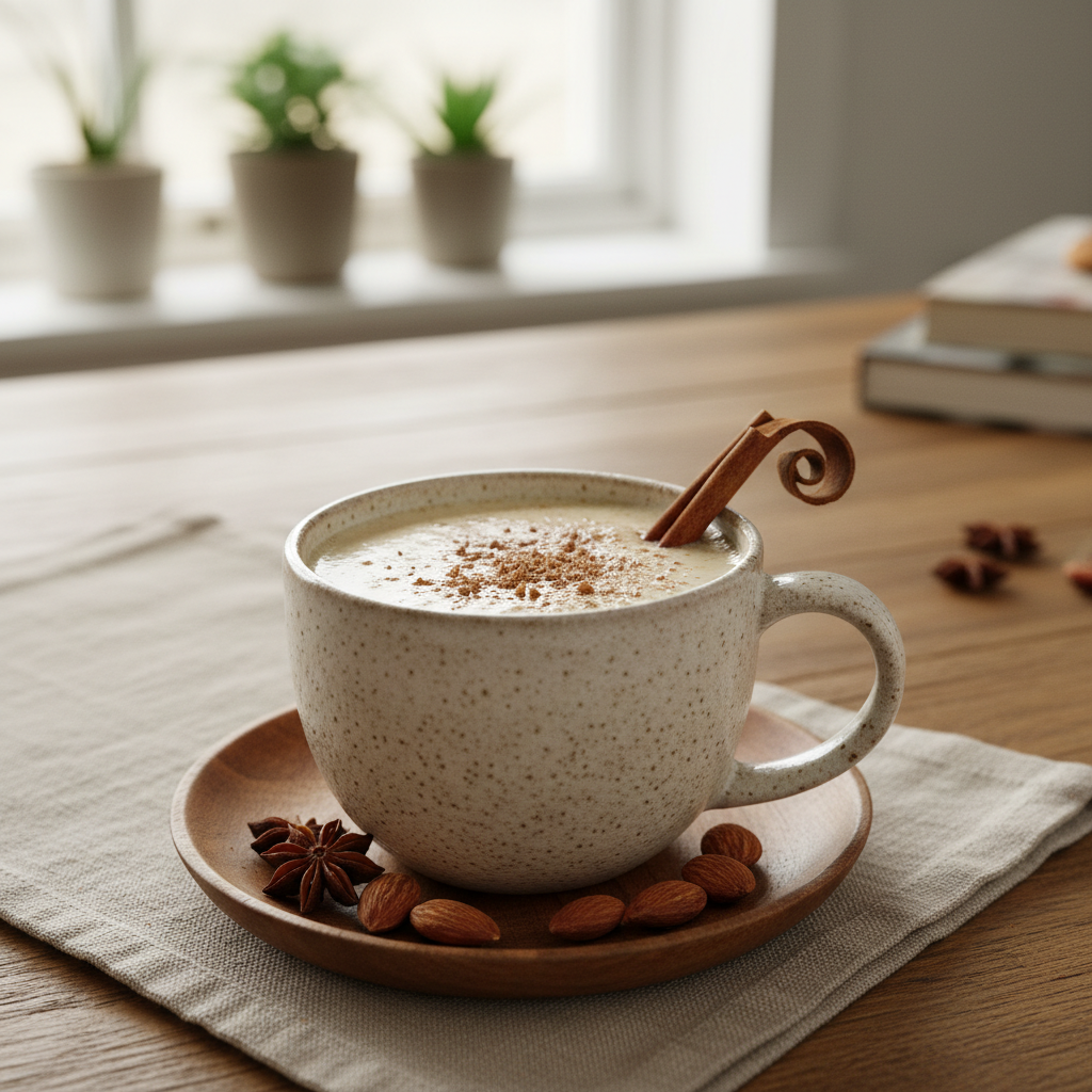 Creamy vegan almond eggnog served during Christmas season