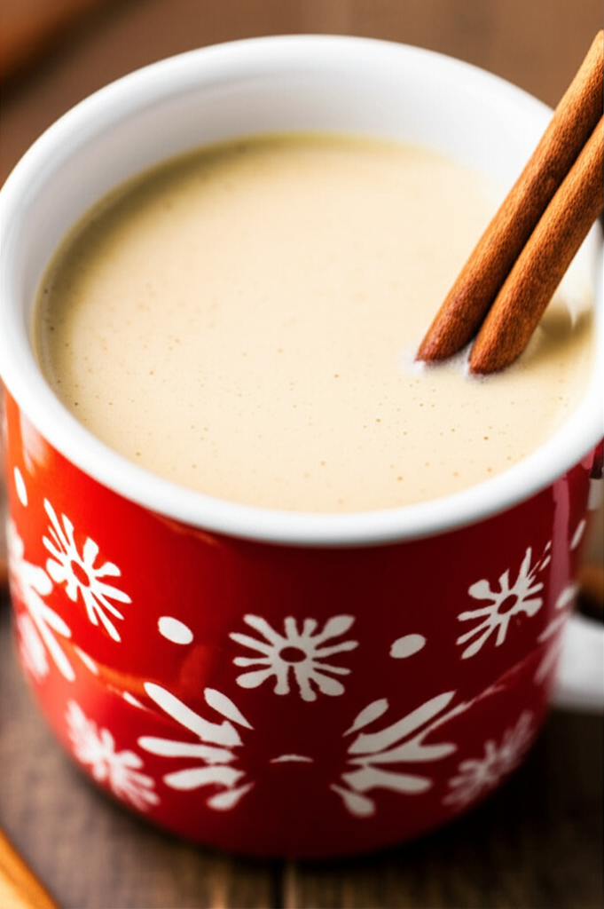 Festive vegan almond eggnog in a mug with cinnamon stick