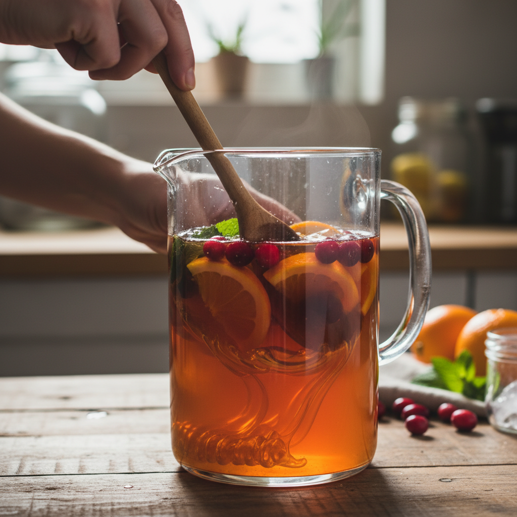 Mixing cranberry and orange juice with tea