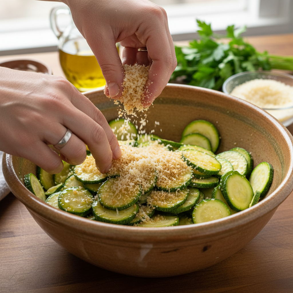 Zucchini rounds being coated in breadcrumb mixture