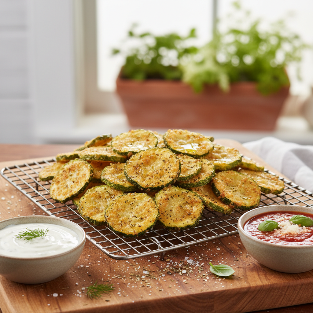 Baked zucchini chips served with various dipping sauces