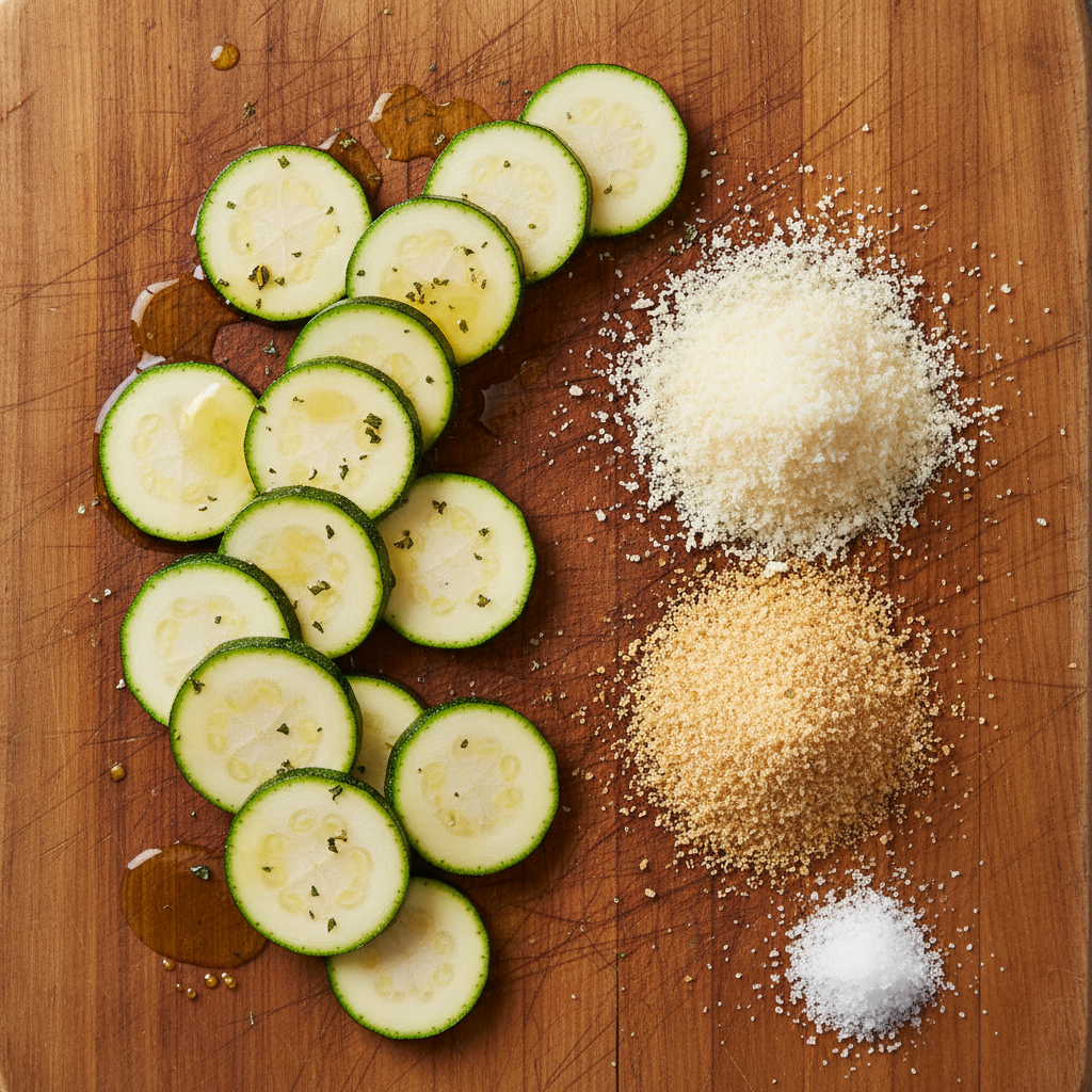 Ingredients for baked zucchini chips including zucchini, olive oil, bread crumbs, parmesan cheese and salt